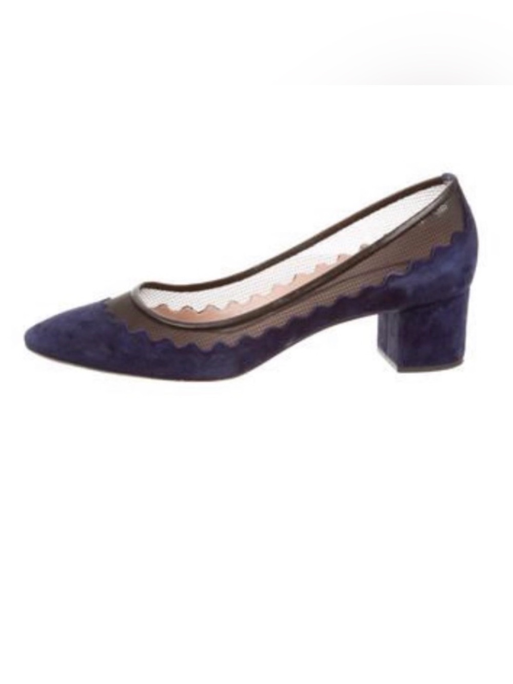 Chloe Bridget Lauren Navy Suede Scalloped Mesh Block Heel Pumps
